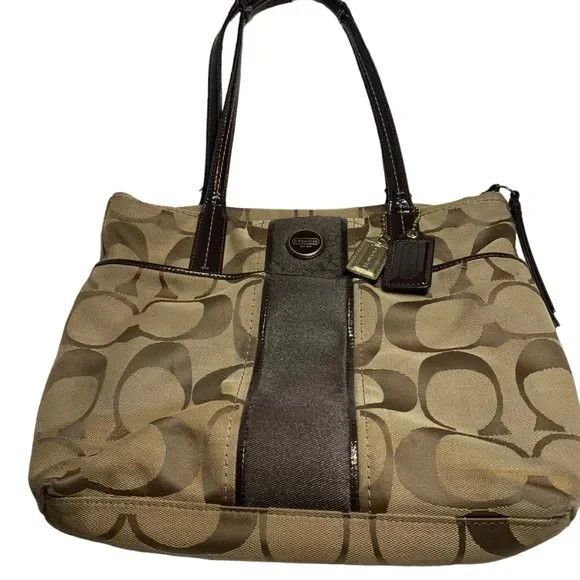 COACH Signature Stripe Tote Bag-Brown/Tan Jacquard Canvas (F25771) - Picture 1 of 4